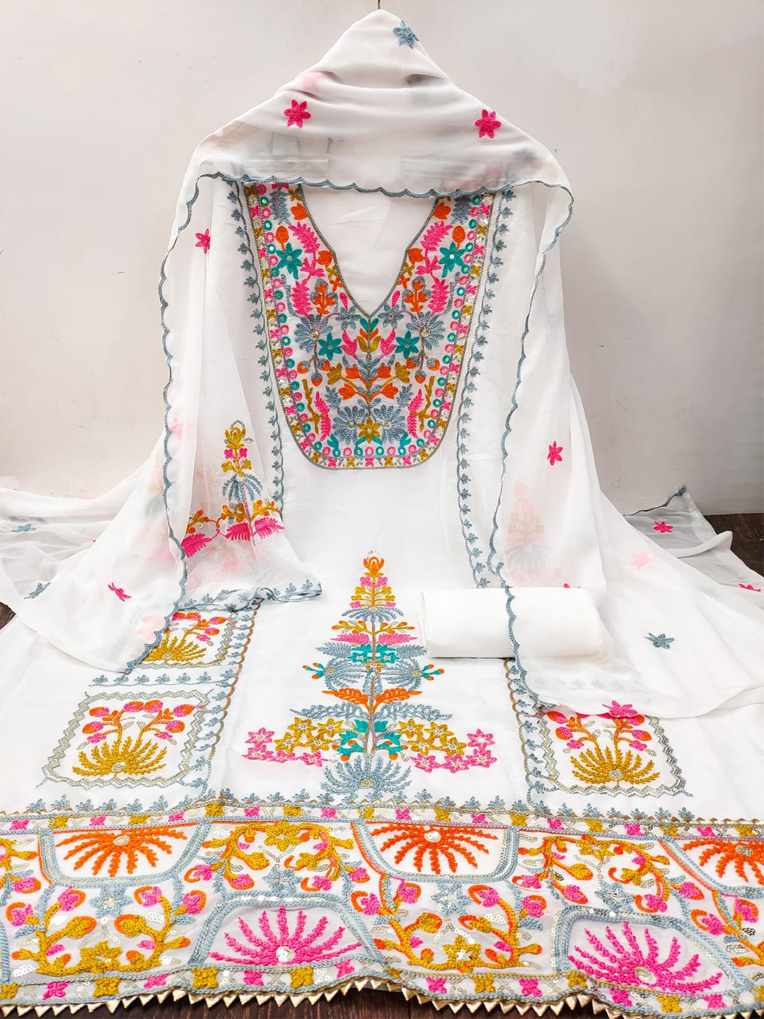 

ZEEPKART Embroidered Unstitched Dress Material, White