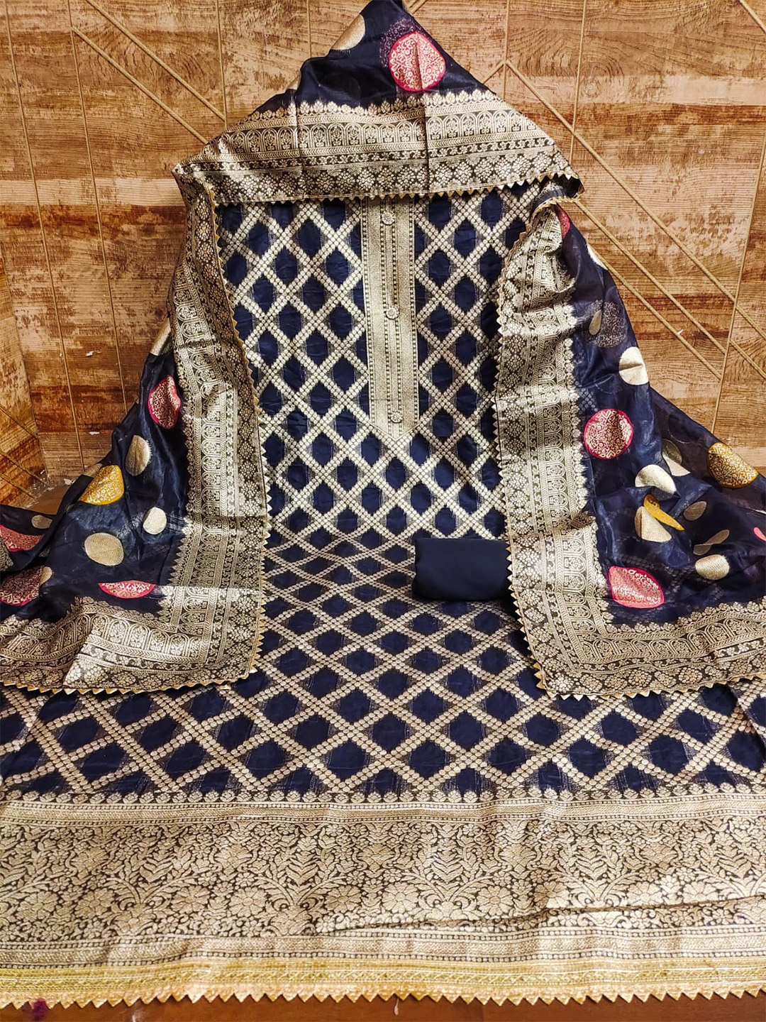 

ZEEPKART Ethnic Woven Design Unstitched Dress Material, Blue