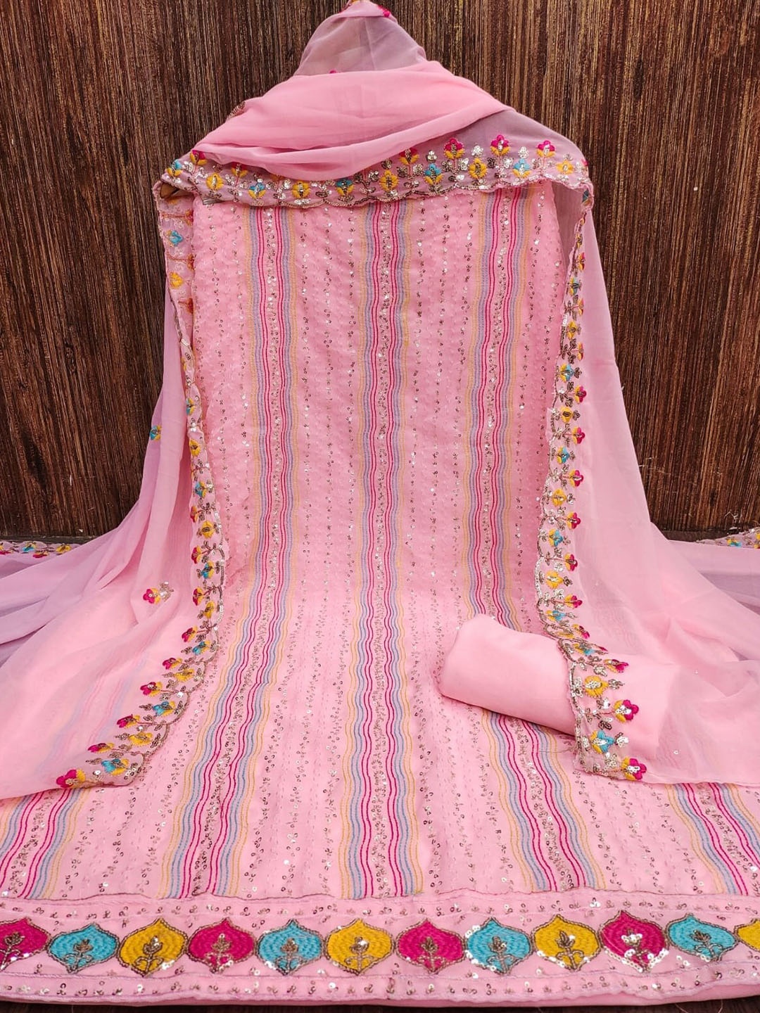 

ZEEPKART Sequinned Embellished Unstitched Dress Material, Pink