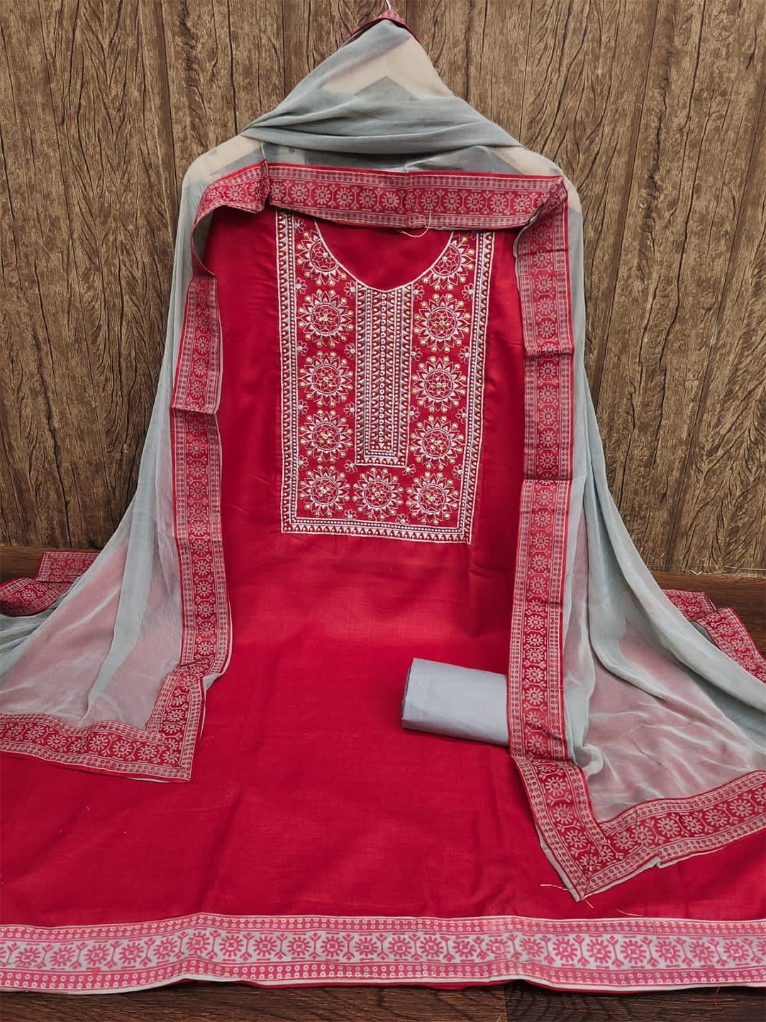 

ZEEPKART Embroidered Unstitched Dress Material, Red