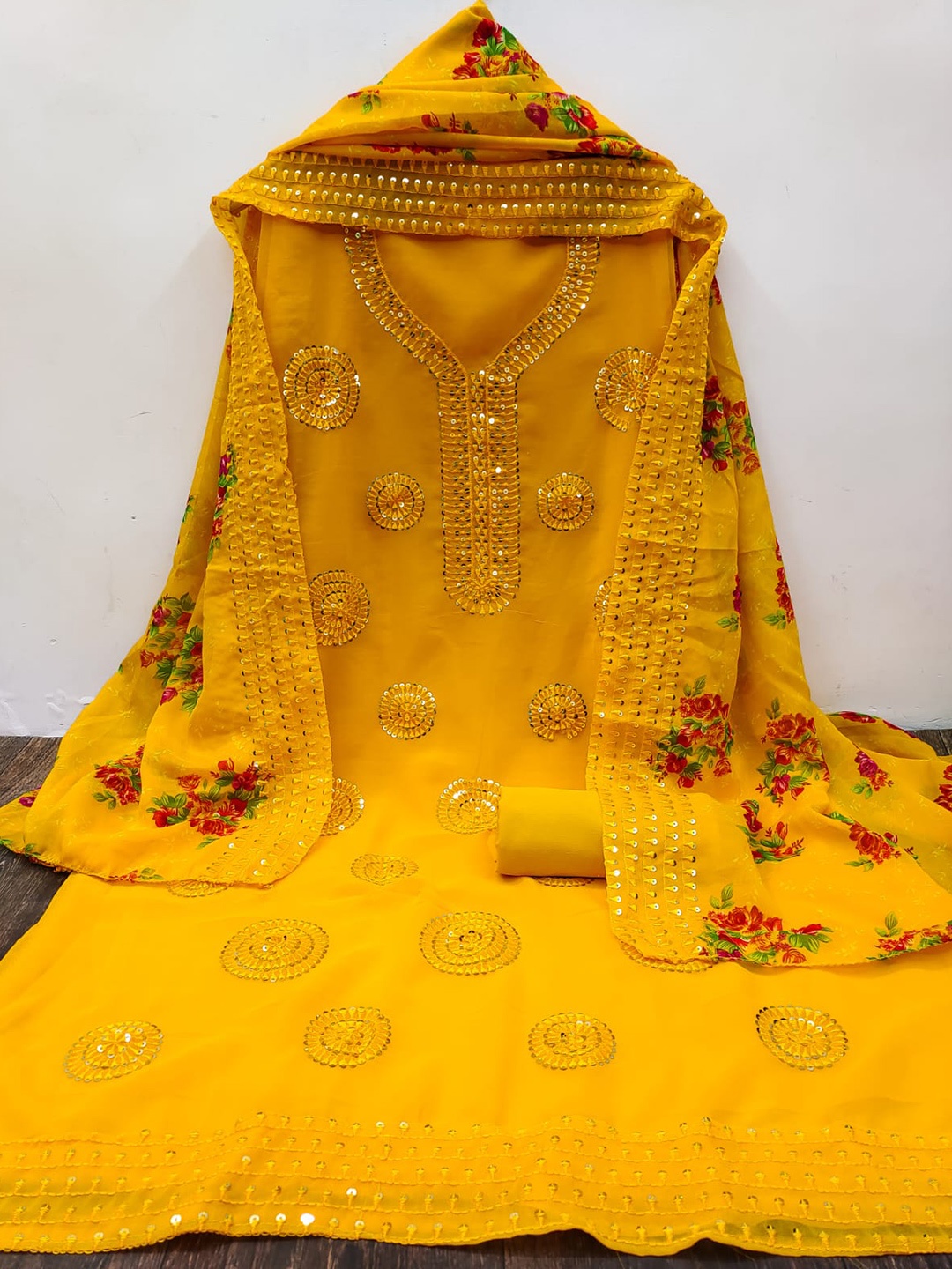 

ZEEPKART Floral Embroidered Unstitched Dress Material, Mustard