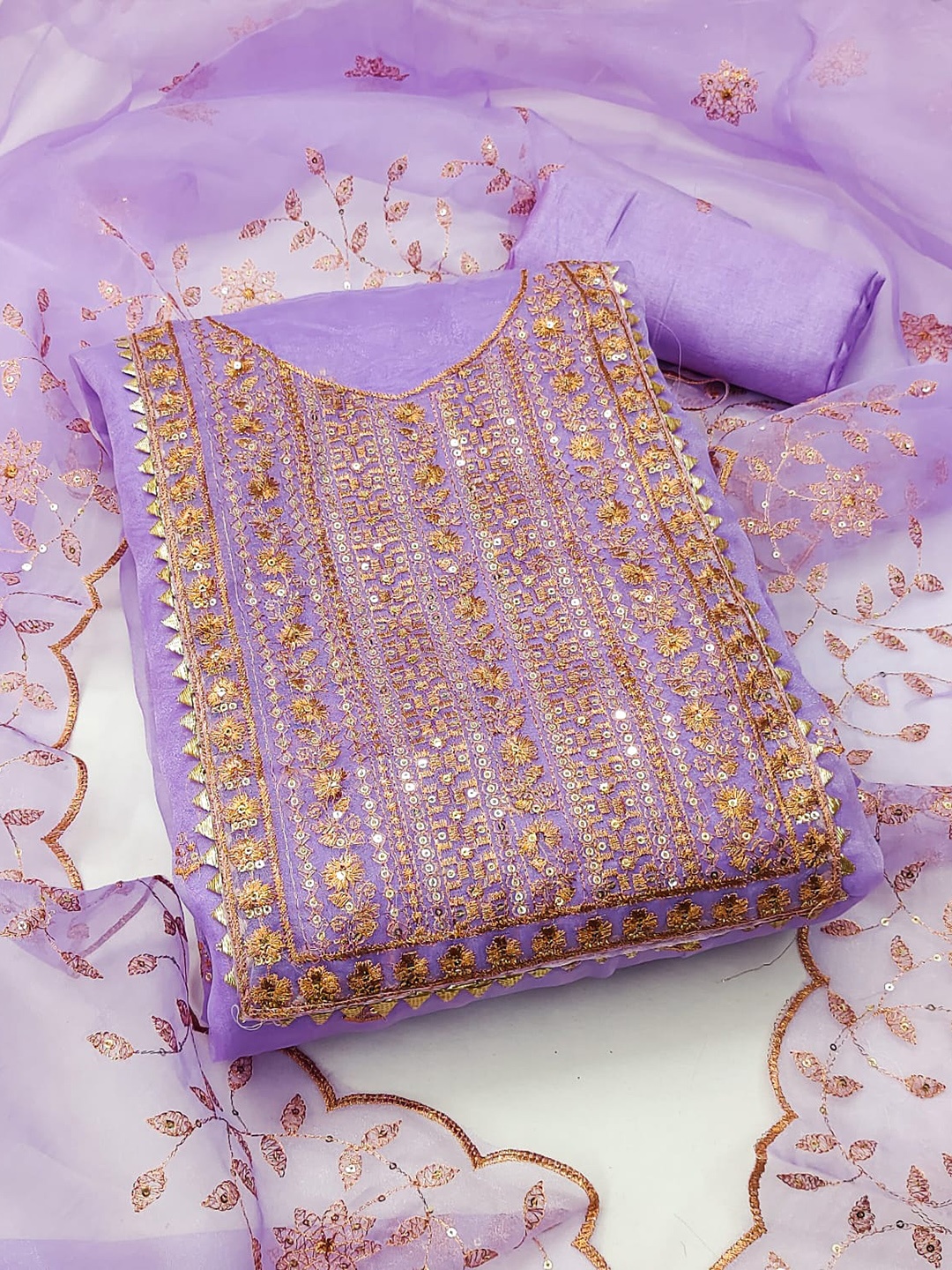 

ZEEPKART Embellished Organza Unstitched Dress Material, Purple