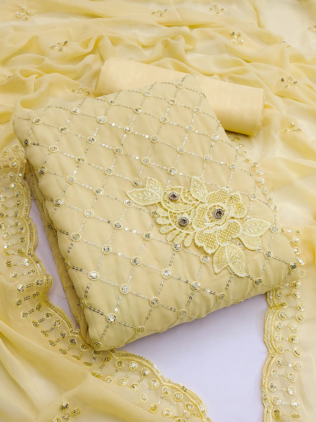 

ZEEPKART Floral Embroidered Sequinned Unstitched Dress Material, Yellow