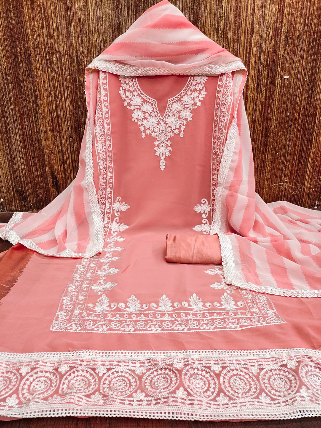 

ZEEPKART Floral Embroidered Unstitched Dress Material, Pink