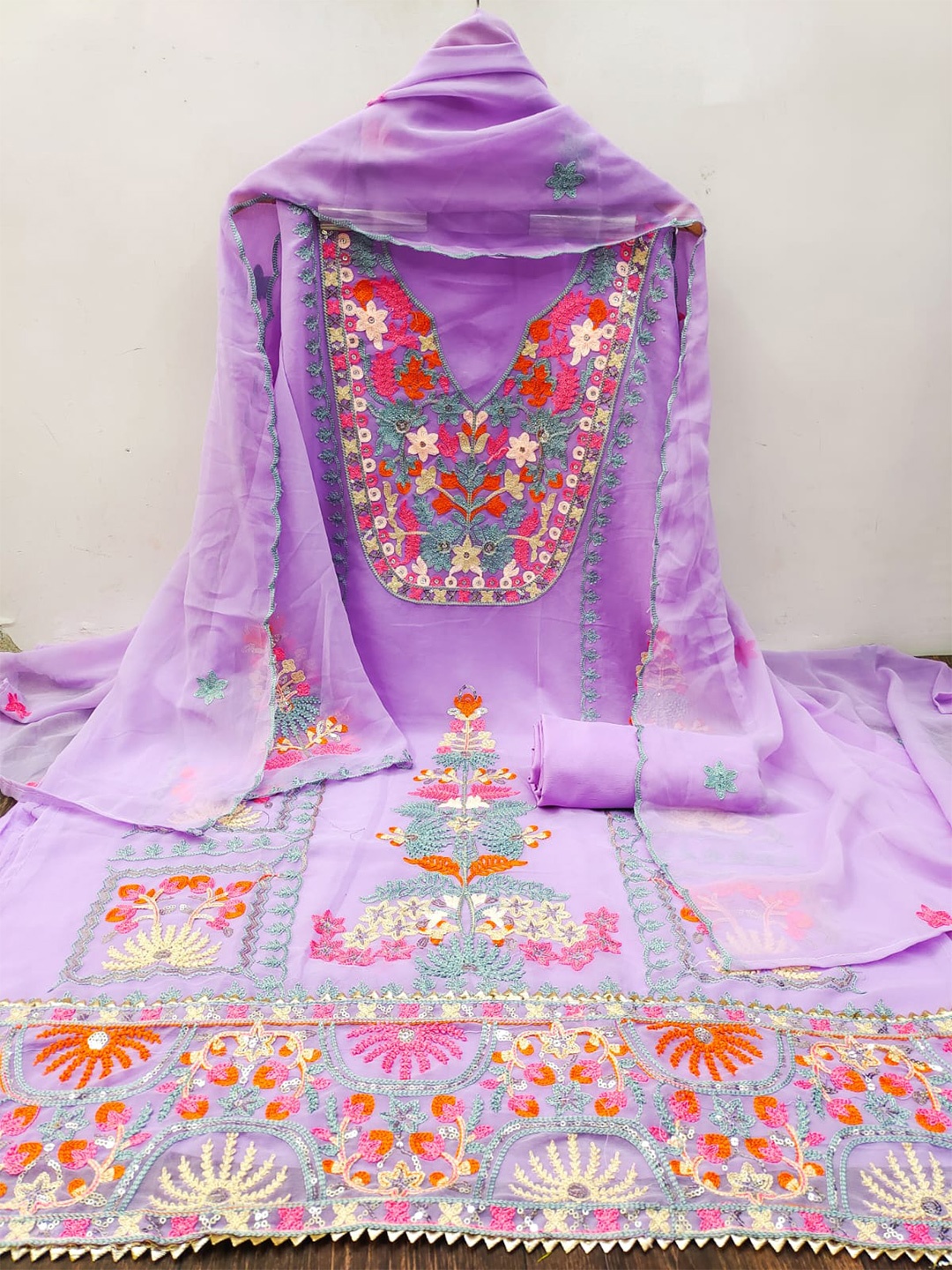 

ZEEPKART Floral Embroidered Unstitched Dress Material, Purple