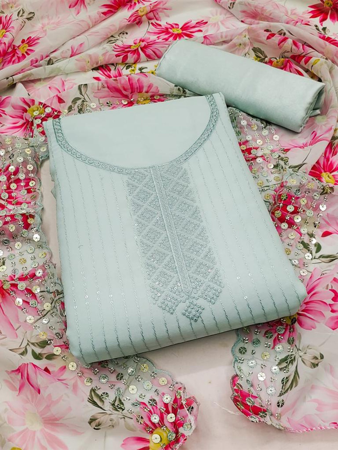

ZEEPKART Striped Embroidered Sequinned Unstitched Dress Material, Green