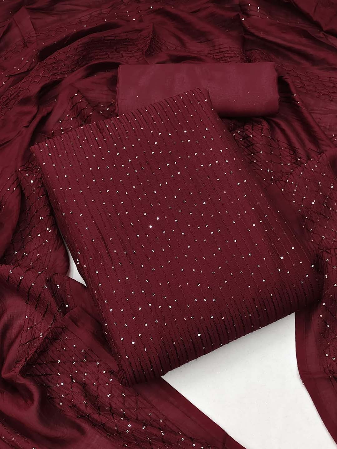 

ZEEPKART Striped Embroidered Sequinned Unstitched Dress Material, Maroon