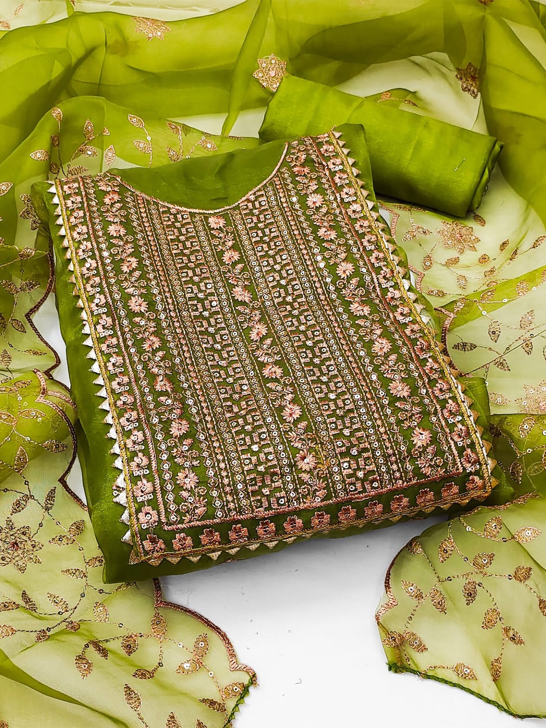 

ZEEPKART Floral Embroidered Sequinned Unstitched Dress Material, Green