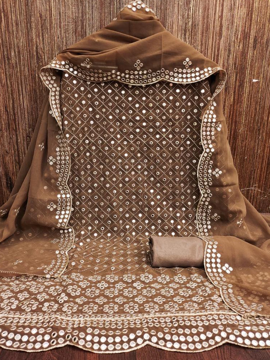 

ZEEPKART Ethnic Motifs Embroidered Mirror Work Unstitched Dress Material, Brown
