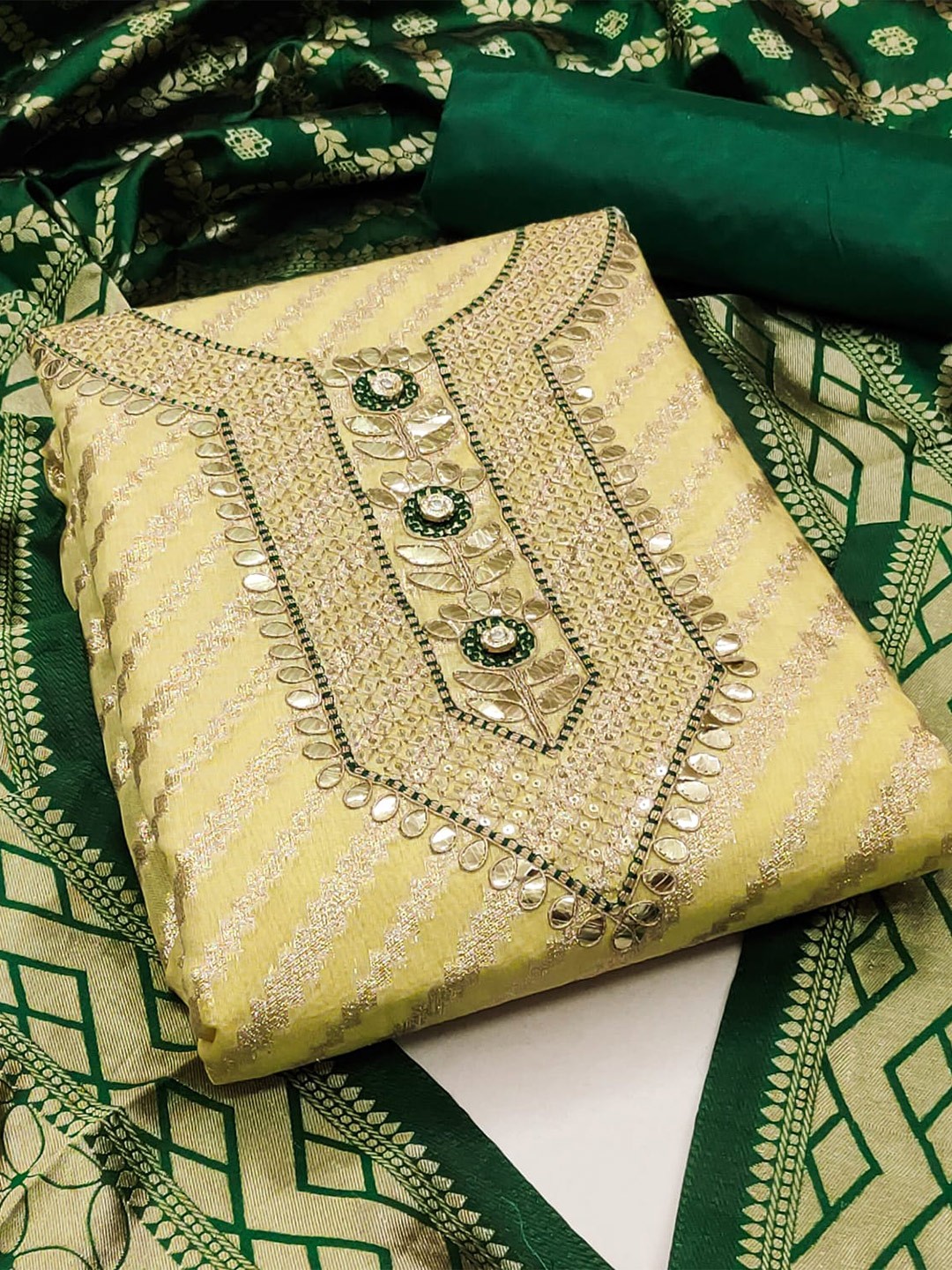 

ZEEPKART Ethnic Motifs Woven Design Beads and Stones Unstitched Dress Material, Beige