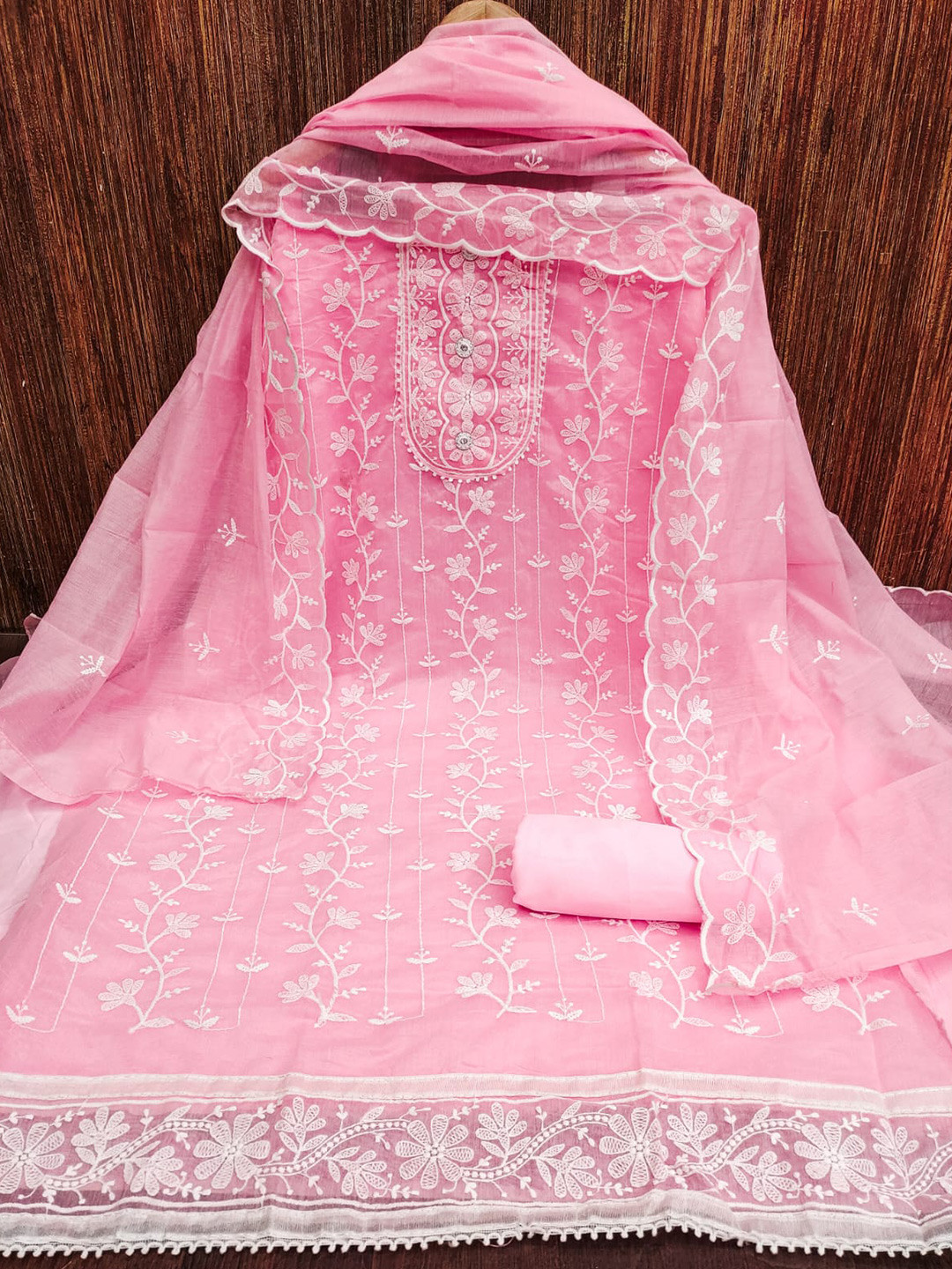 

ZEEPKART Ethnic Motifs Embroidered Thread Work Detailed Unstitched Dress Material, Pink