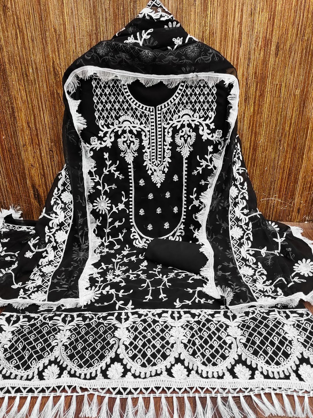 

ZEEPKART Ethnic Motifs Embroidered Thread Work Detailed Unstitched Dress Material, Black
