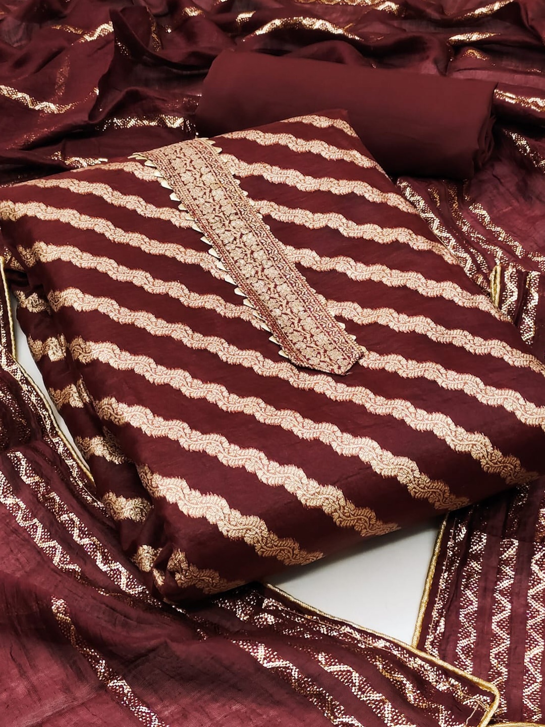 

ZEEPKART Ethnic Motifs Woven Design Gotta Patti Detailed Unstitched Dress Material, Maroon