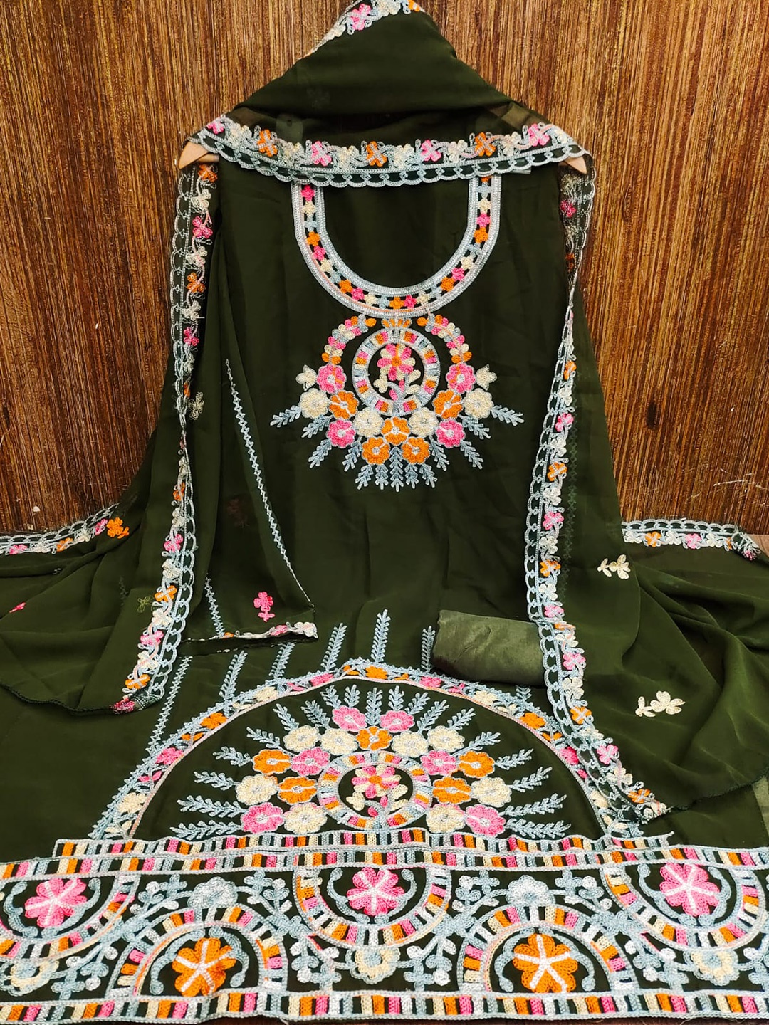 

ZEEPKART Ethnic Motifs Embroidered Thread Work Detailed Unstitched Dress Material, Green