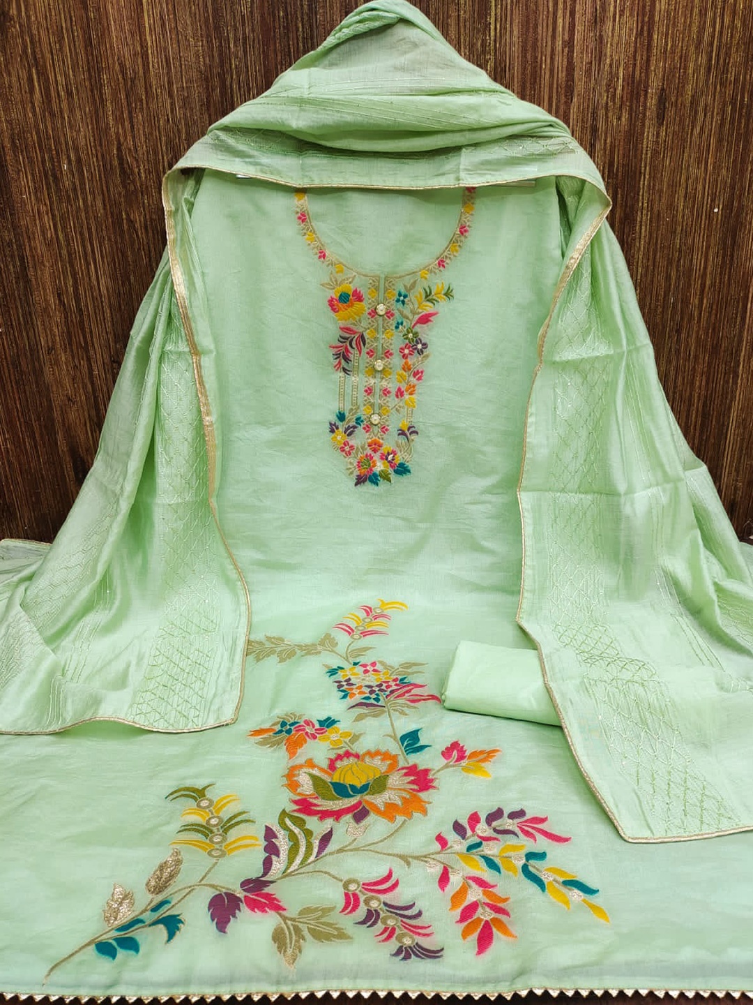 

ZEEPKART Ethnic Motifs Embroidered Thread Work Detailed Unstitched Dress Material, Green