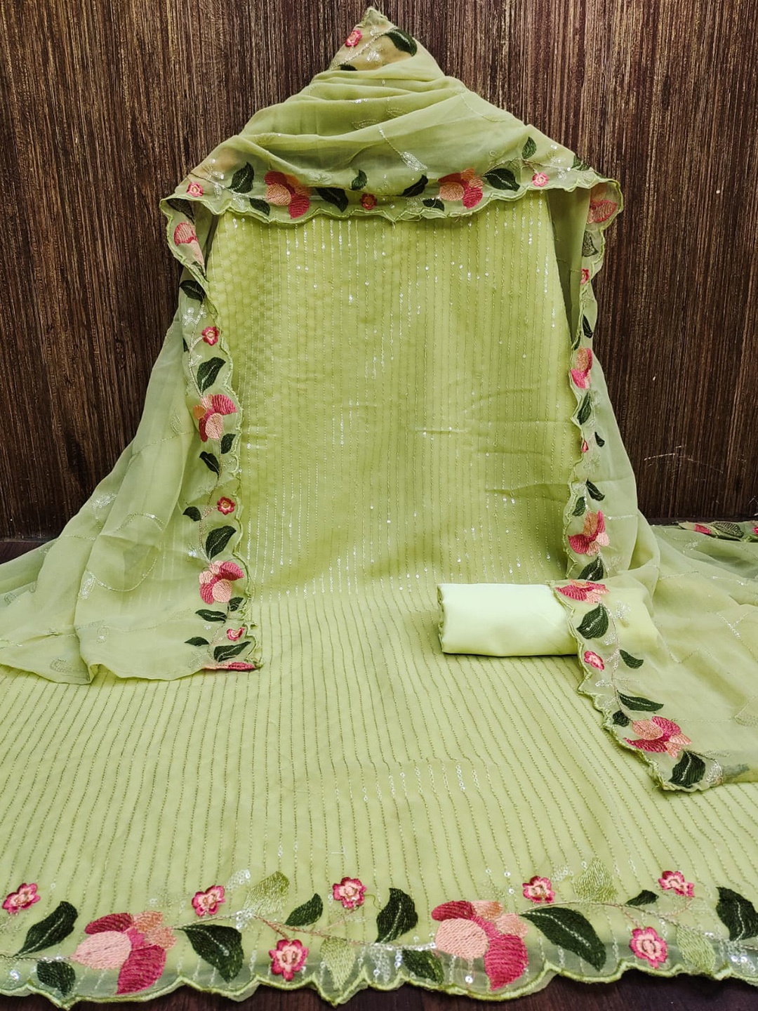 

ZEEPKART Striped Embellished Unstitched Dress Material, Green