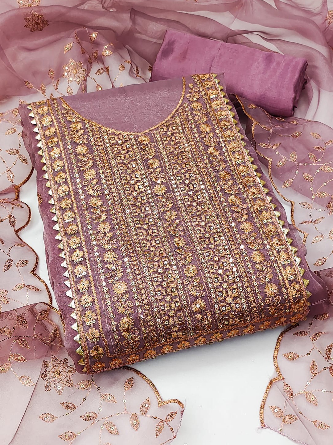 ZEEPKART Ethnic Motifs Embroidered Sequined Organza Unstitched Dress Material, Pink