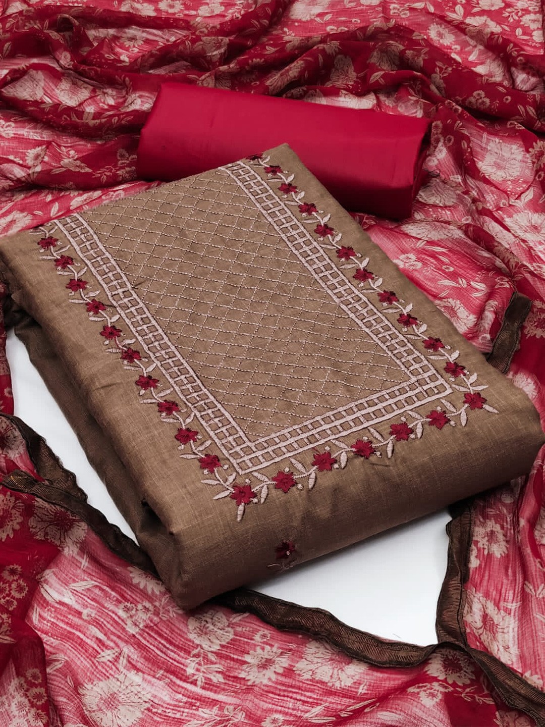 

ZEEPKART Embroidered Unstitched Dress Material, Brown