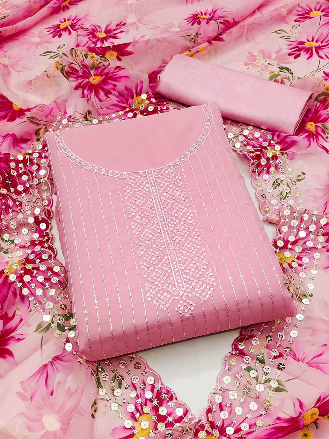 

ZEEPKART Embroidered Unstitched Dress Material, Pink