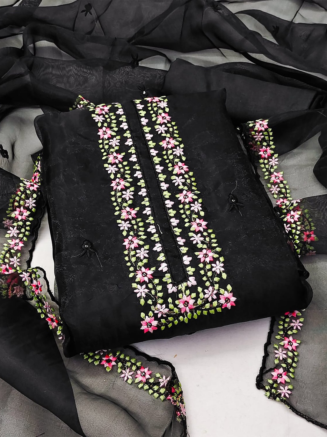 

ZEEPKART Embroidered Organza Unstitched Dress Material, Black