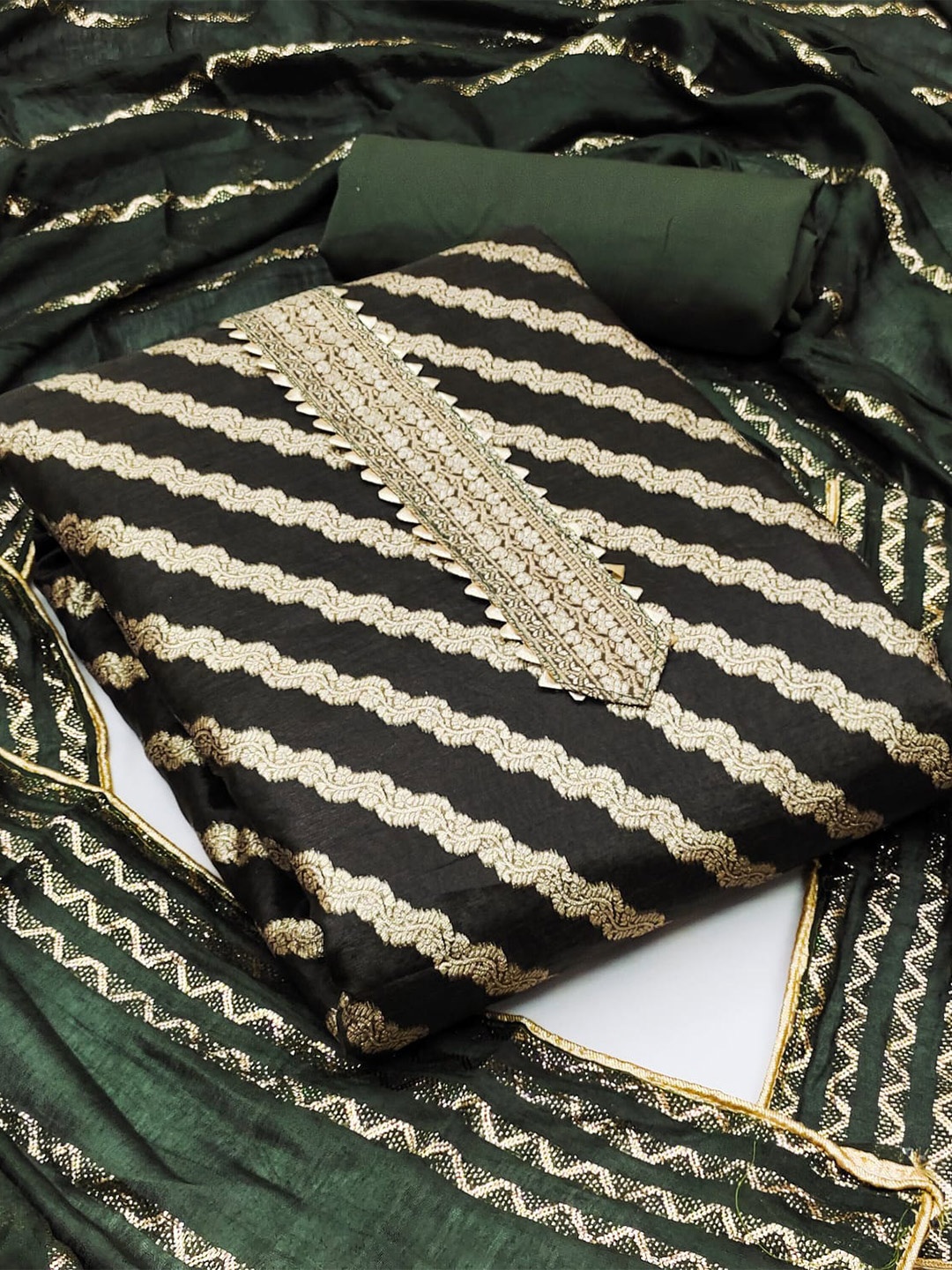 

ZEEPKART Ethnic Motifs Woven Design Gotta Patti Unstitched Dress Material, Green