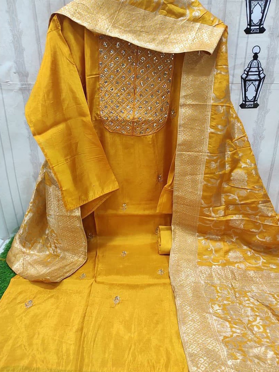 

ZEEPKART Embroidered Sequinned Unstitched Dress Material, Yellow