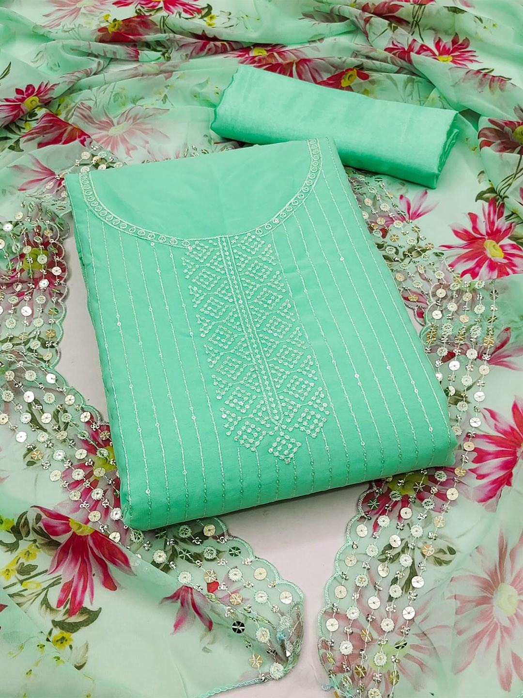 

ZEEPKART Geometric Embroidered Unstitched Dress Material, Green