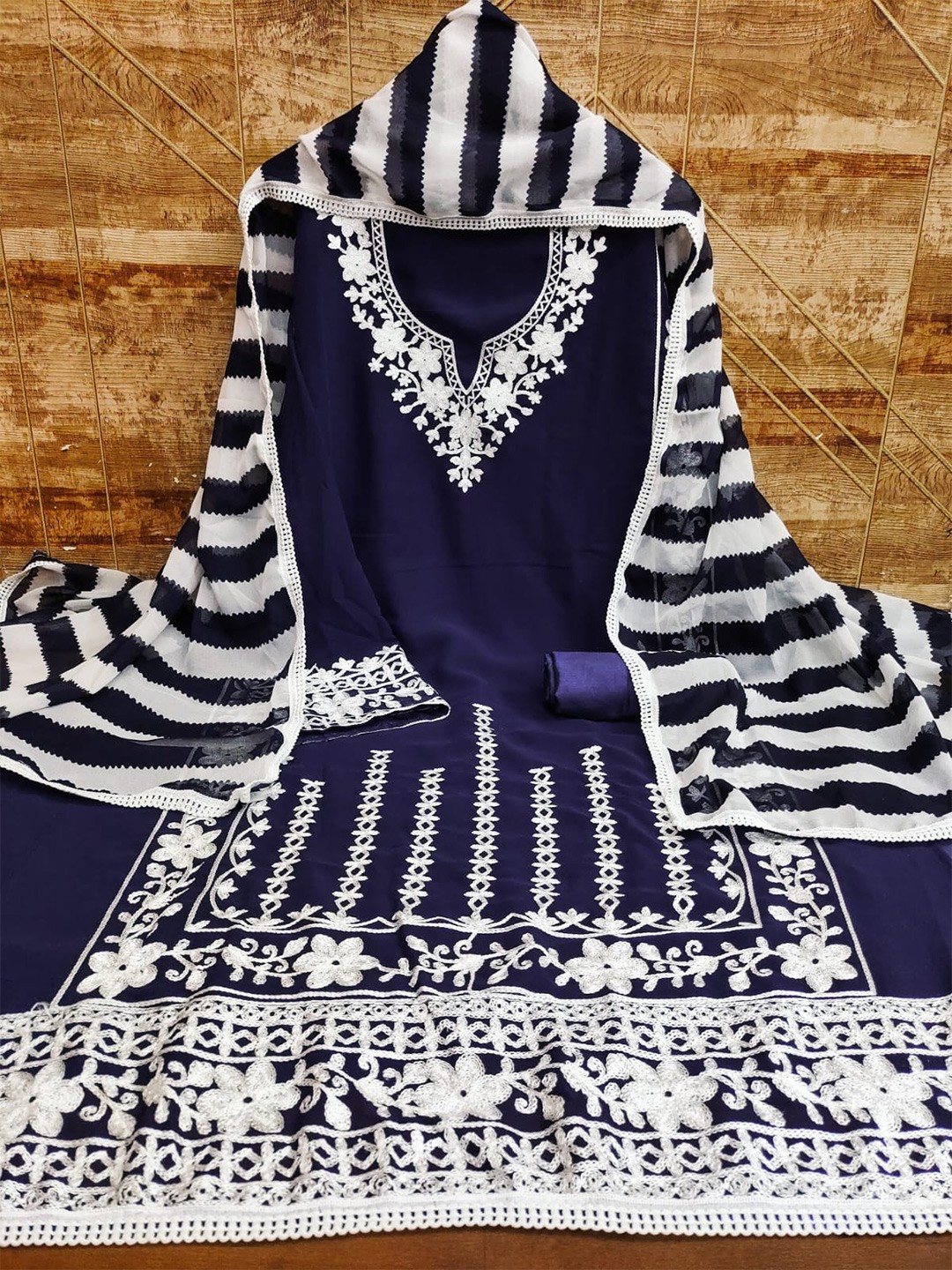 

ZEEPKART Ethnic Motifs Embroidered Unstitched Dress Material, Blue