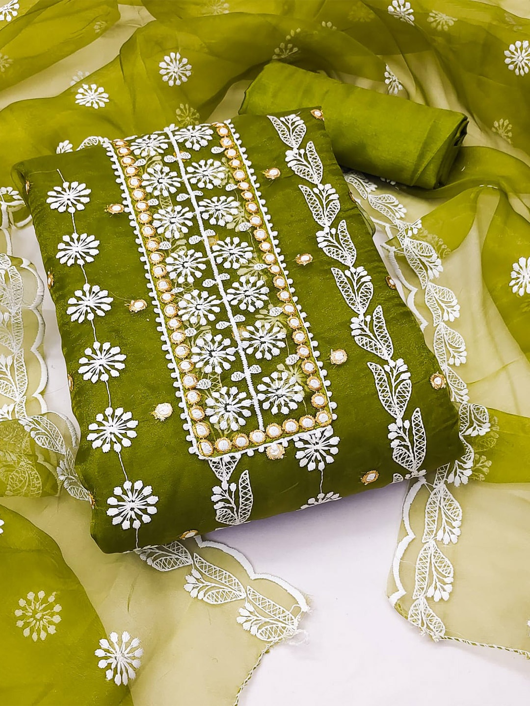 

ZEEPKART Embroidered Unstitched Dress Material, Green