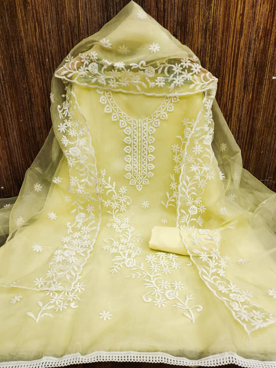 

ZEEPKART Floral Embroidered Organza Unstitched Dress Material, Yellow