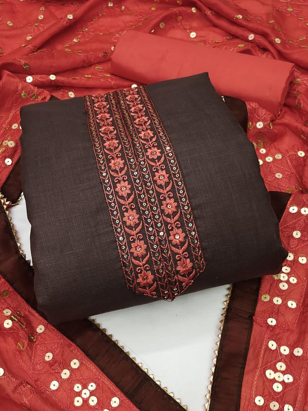 

ZEEPKART Ethnic Motifs Embroidered Sequined Unstitched Dress Material, Brown