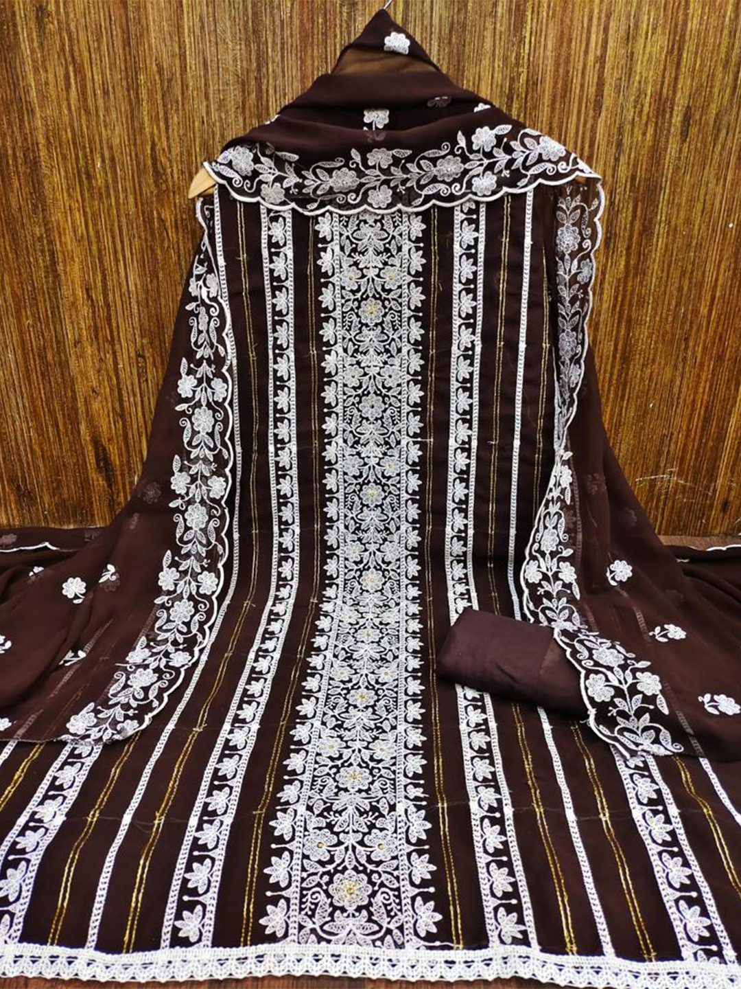 

ZEEPKART Ethnic Motifs Embroidered Thread Work Unstitched Dress Material, Brown