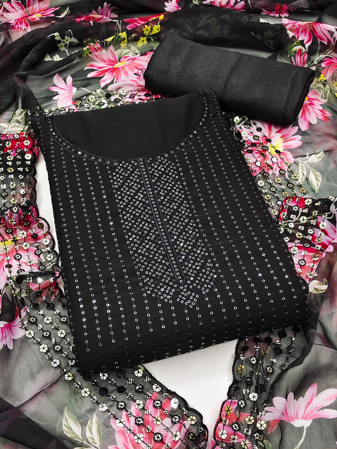 

ZEEPKART Ethnic Motifs Embroidered Sequined Unstitched Dress Material, Black