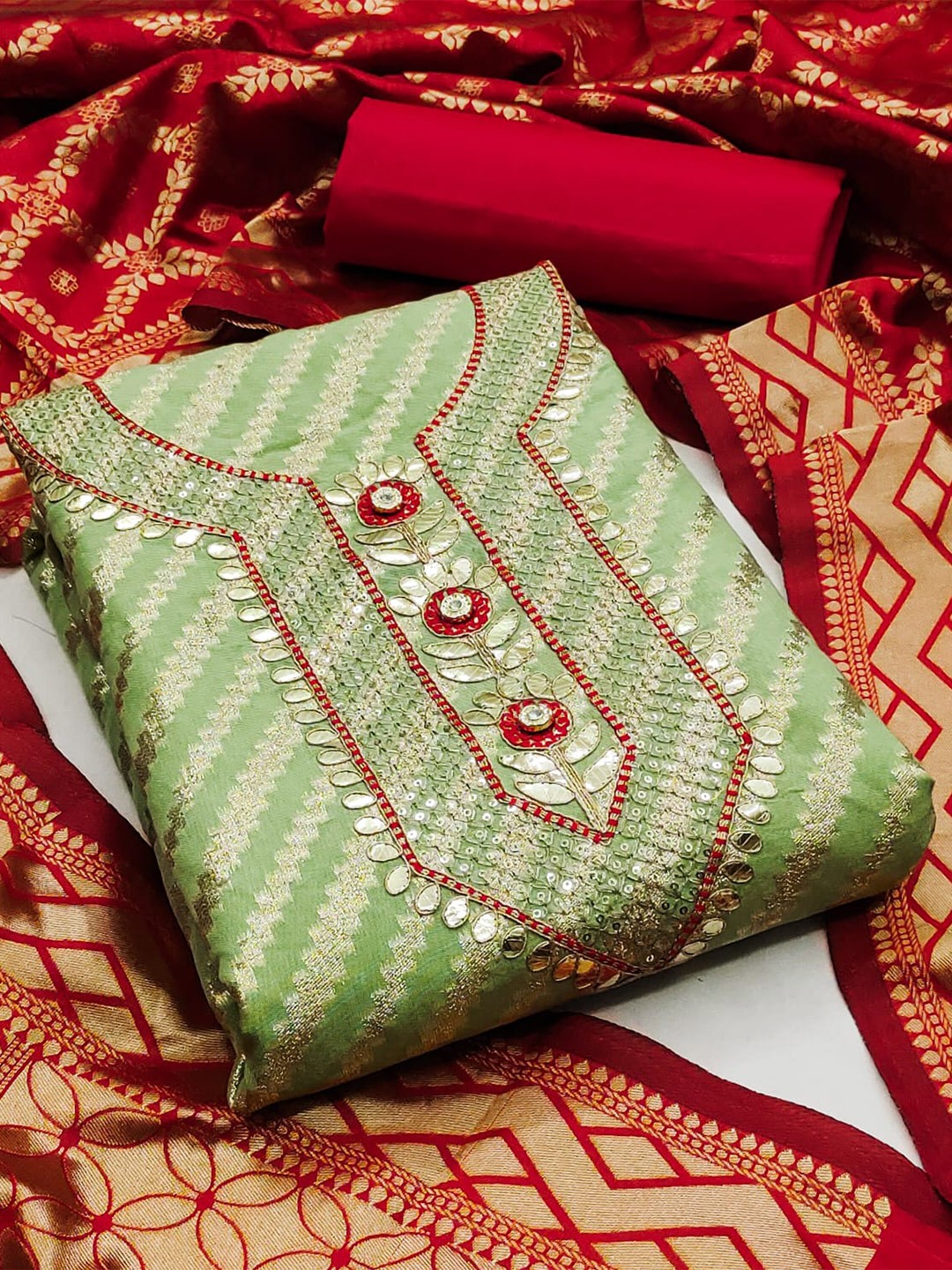 

ZEEPKART Woven Designed Zari Unstitched Dress Material, Green