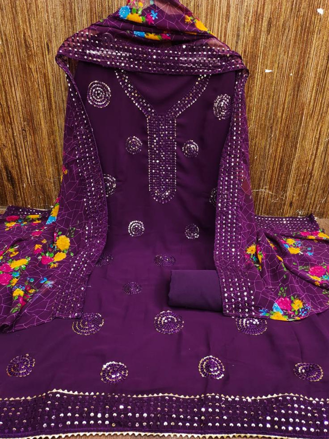 

ZEEPKART Ethnic Motifs Embroidered Sequined Organza Unstitched Dress Material, Purple