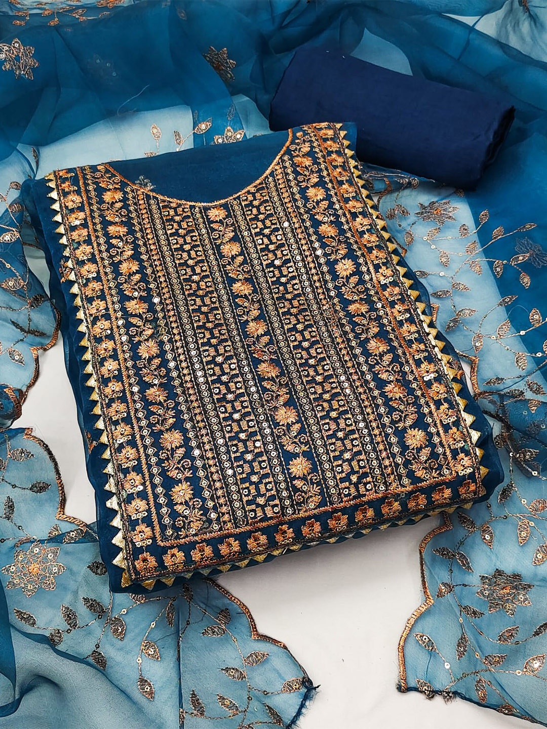 

ZEEPKART Ethnic Motif Embroidered Sequinned Unstitched Dress Material, Blue