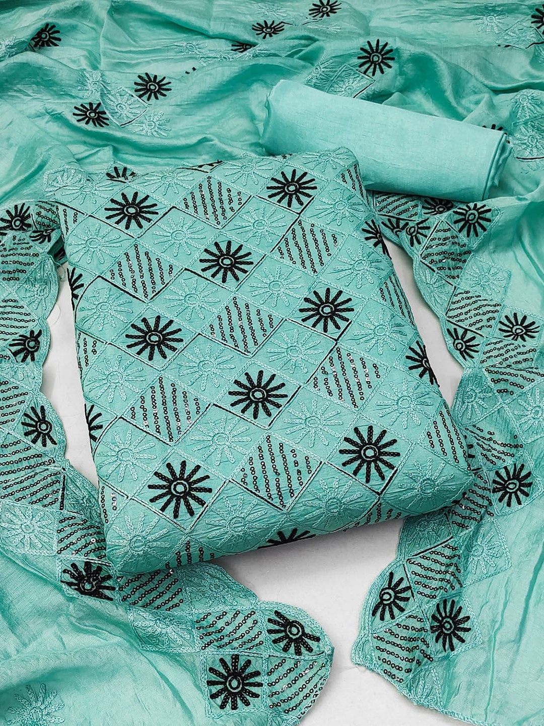 

ZEEPKART Ethnic Motif Embroidered Unstitched Dress Material, Sea green