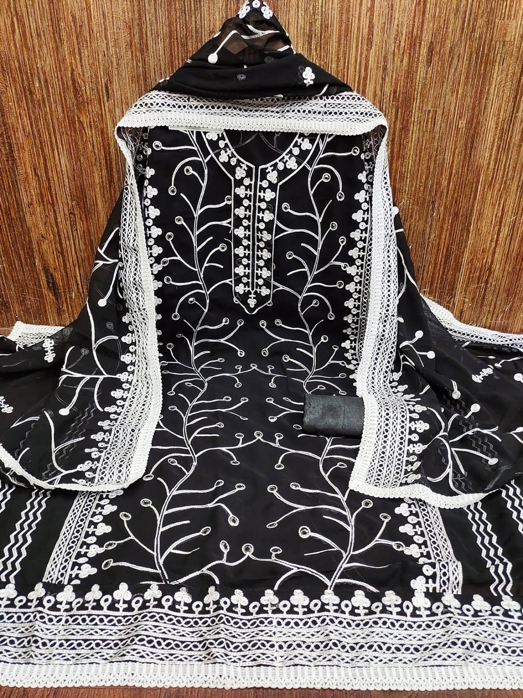 

ZEEPKART Ethnic Motif Embroidered Unstitched Dress Material, Black