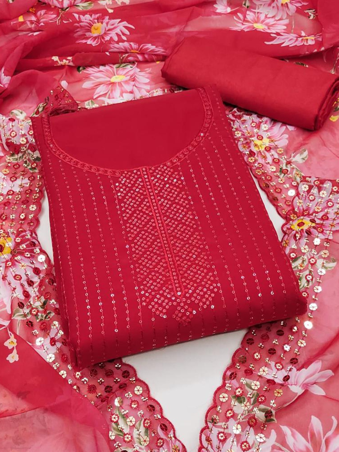 

ZEEPKART Embellished Unstitched Dress Material, Red