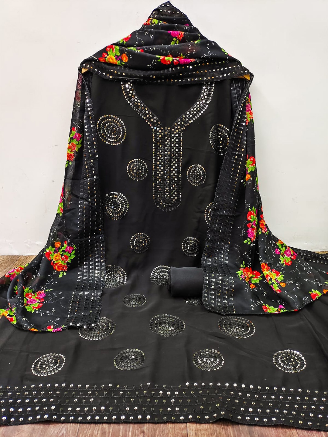 

ZEEPKART Ethnic Motifs Embroidered Sequinned Unstitched Dress Material, Black
