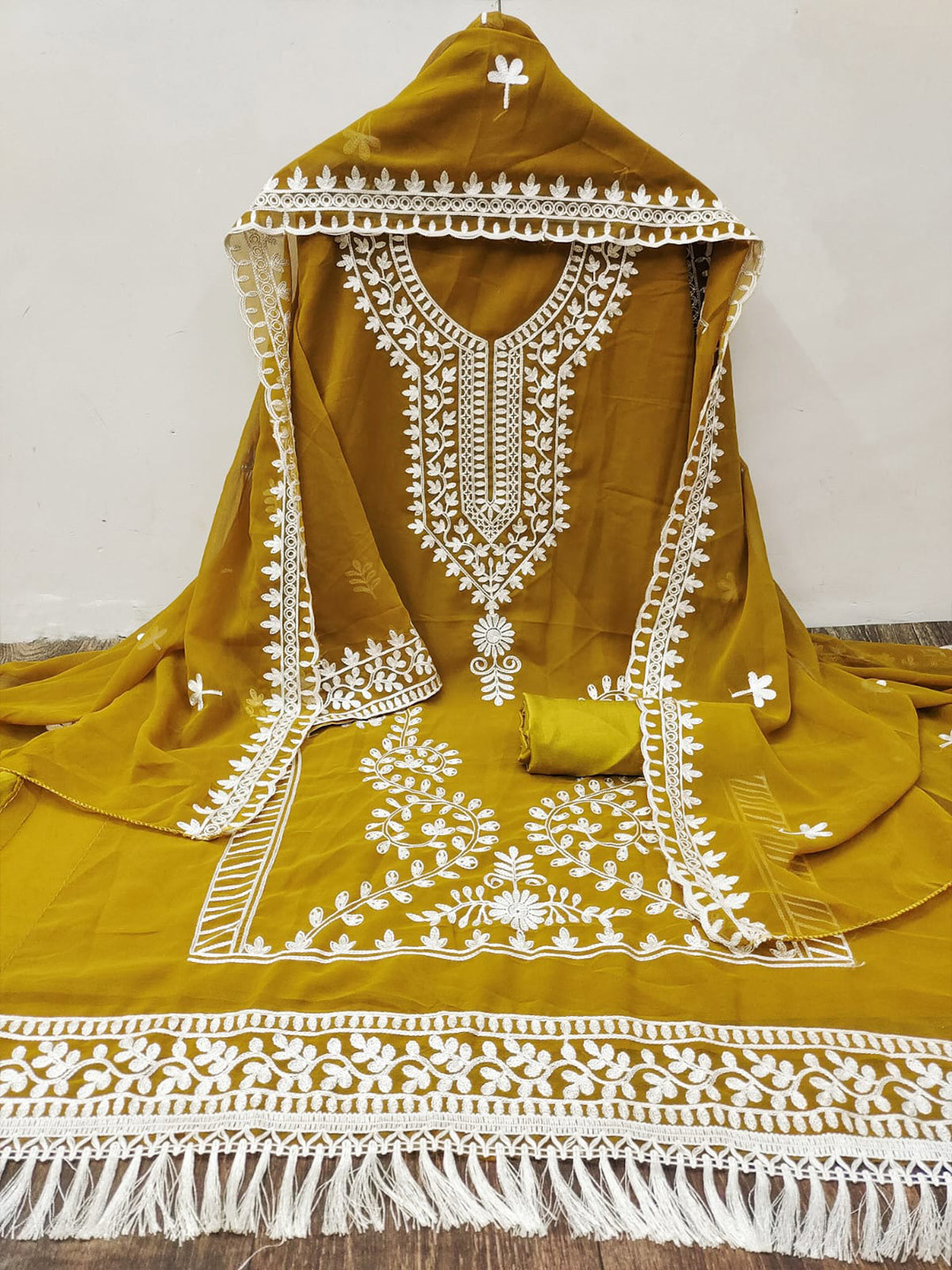 

ZEEPKART Floral Embroidered Unstitched Dress Material, Mustard