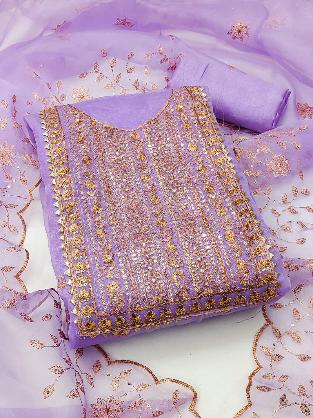 

ZEEPKART Floral Embroidered Sequinned Organza Unstitched Dress Material, Purple
