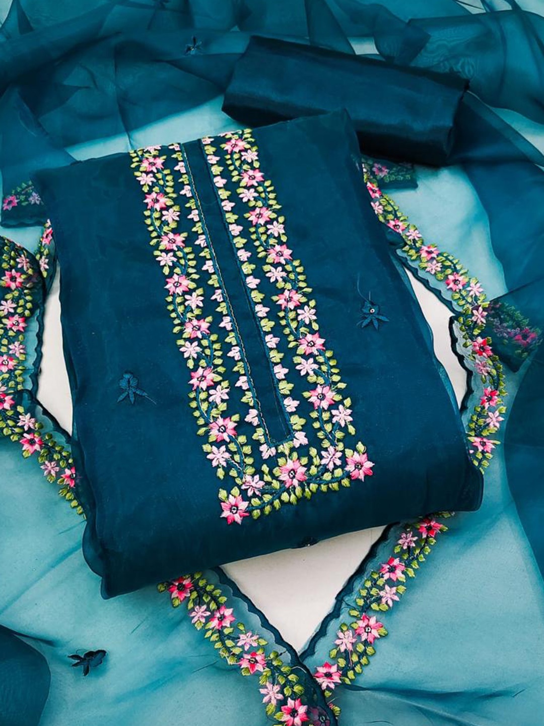 

ZEEPKART Floral Embroidered Organza Unstitched Dress Material, Blue