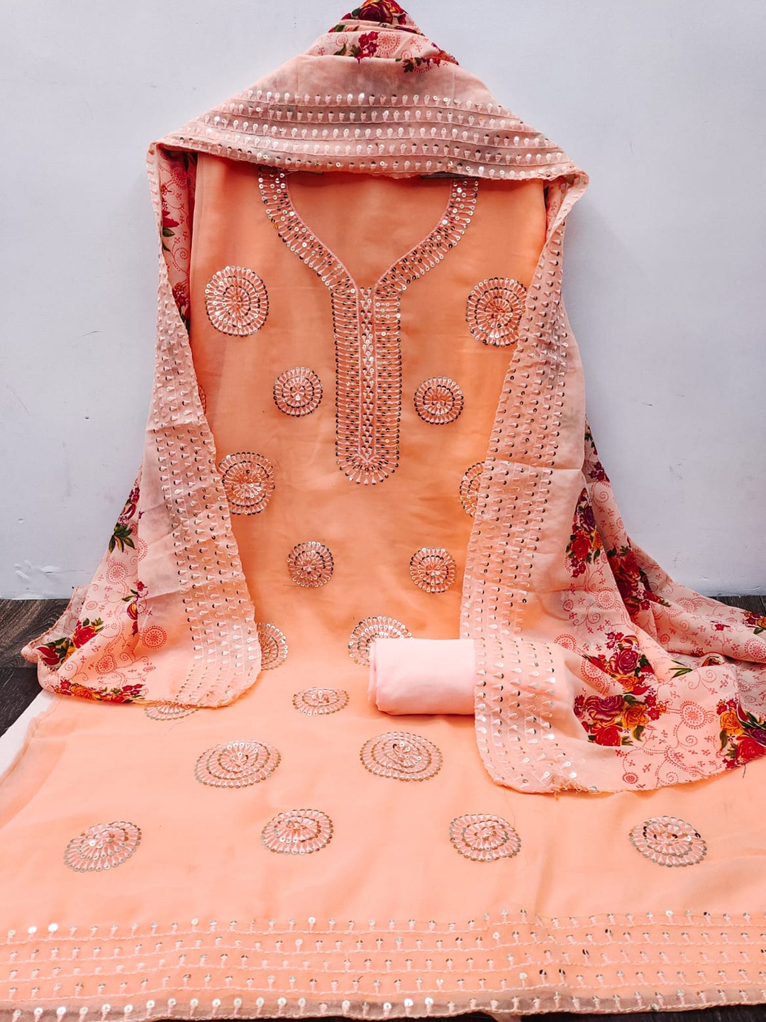 

ZEEPKART Floral Embroidered Sequinned Organza Unstitched Dress Material, Orange
