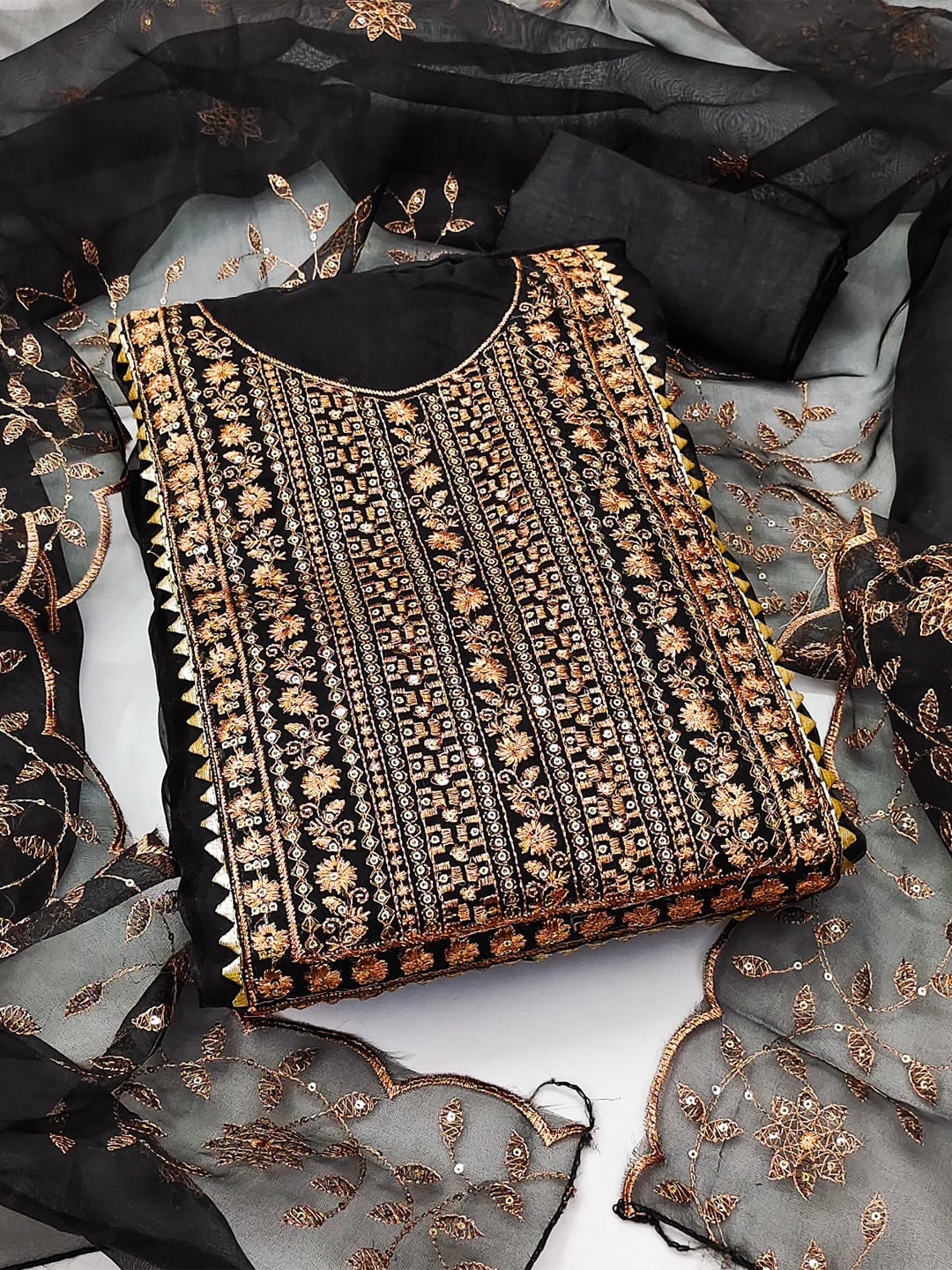 

ZEEPKART Ethnic Motifs Embroidered Unstitched Dress Material, Black