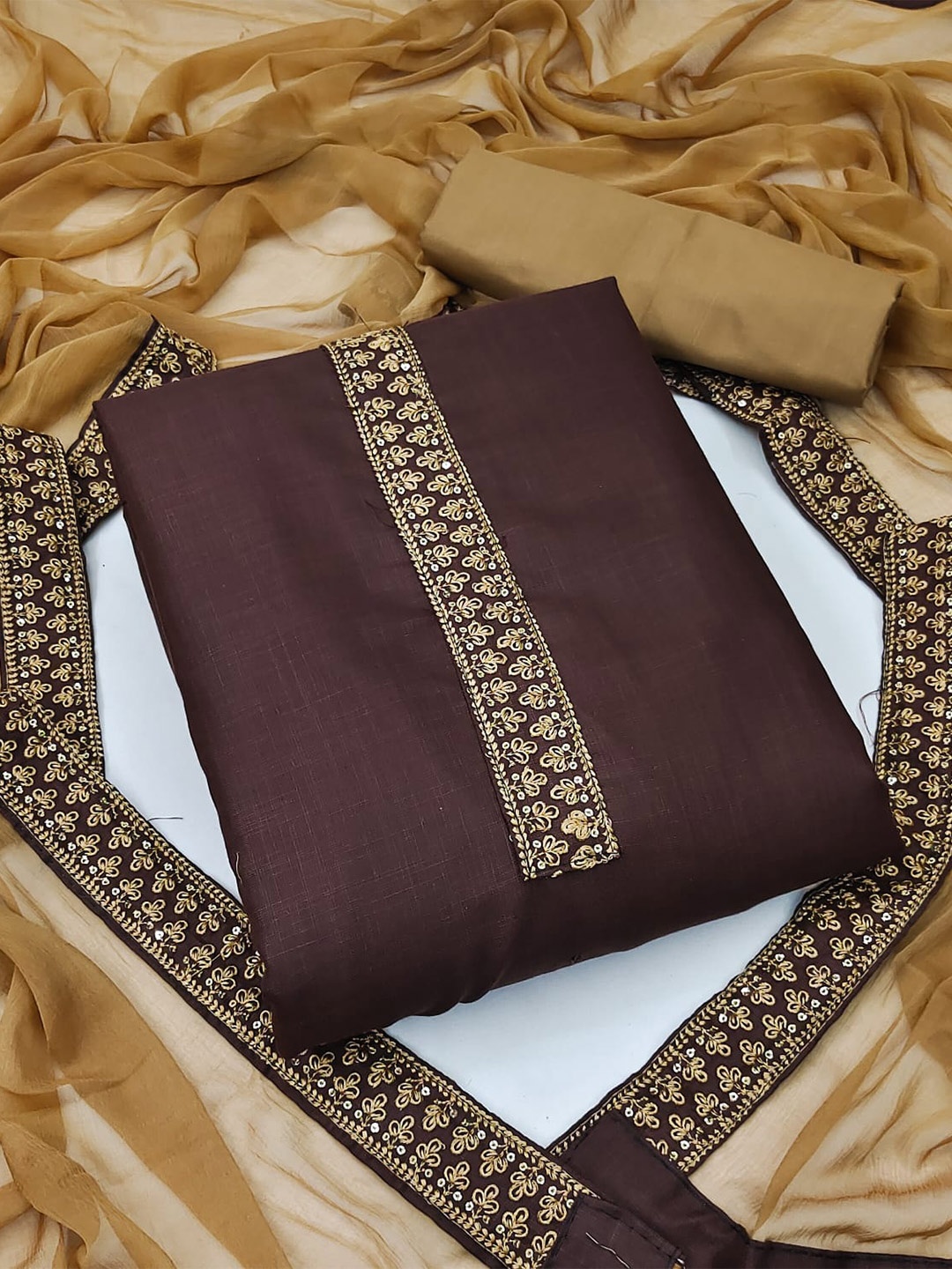 

ZEEPKART Ethnic Motifs Embroidered Unstitched Dress Material, Brown