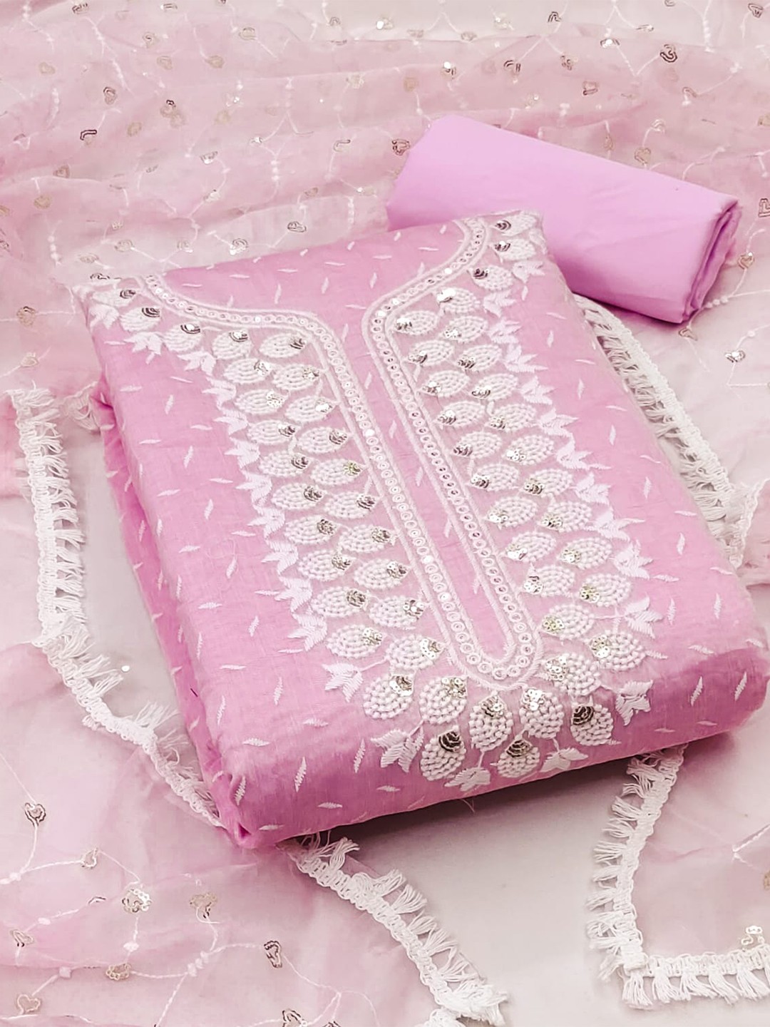 

ZEEPKART Ethnic Motifs Embroidered Unstitched Dress Material, Pink