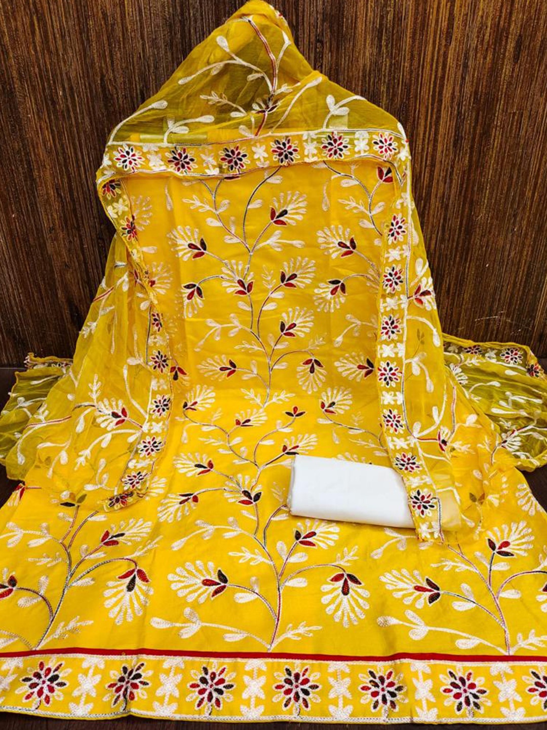 

ZEEPKART Floral Embroidered Unstitched Dress Material, Yellow