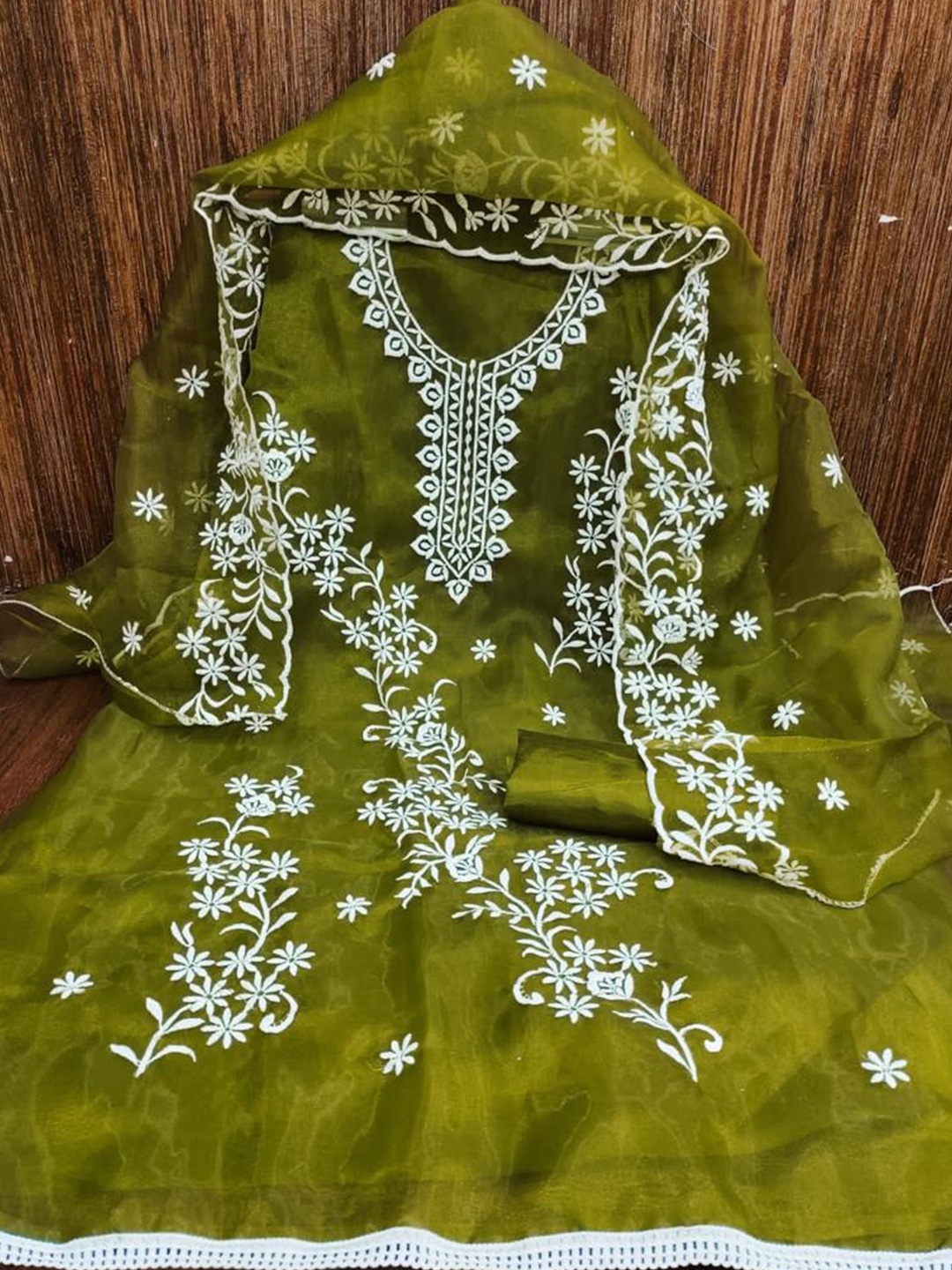 

ZEEPKART Ethnic Motifs Embroidered Unstitched Dress Material, Olive
