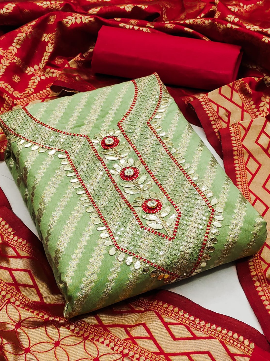 

ZEEPKART Ethnic Motifs Woven Design Unstitched Dress Material, Green